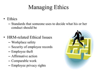 Managing Ethics
• Ethics
– Standards that someone uses to decide what his or her
conduct should be
• HRM-related Ethical Issues
– Workplace safety
– Security of employee records
– Employee theft
– Affirmative action
– Comparable work
– Employee privacy rights
 