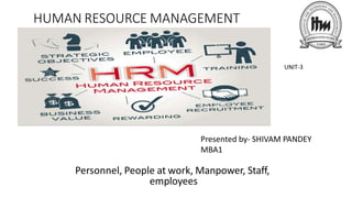 HUMAN RESOURCE MANAGEMENT
Personnel, People at work, Manpower, Staff,
employees
Presented by- SHIVAM PANDEY
MBA1
UNIT-3
 