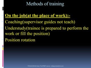 Significance of trainingQuick learningHigher productivityStandardization of proceduresLess supervisionEconomical operationsHigher moralePreparation of future managersBetter managementPOOJA DEVIJA Assit. Prof PIMT source : Udaipurstudents.com