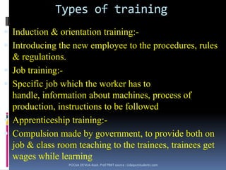 Training:-Training is the act of increasing the knowledge & skills of an employee for doing a particular job.To bring a change in behaviour, knowledge, skills and attitudes  of the workers.POOJA DEVIJA Assit. Prof PIMT source : Udaipurstudents.com