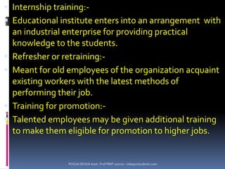 Training means teaching of specific skills	Need  and rationale for training:-Changing technology:- update employeesQuality conscious consumers:- quality improved through training of workersGreater productivity:- reduce cost of production, increase productivityStable workforce:-confidence in minds of workers, gives security and leads to stable workforceIncreased safety:- Handle machines more safelyBetter management:- Used as a planning & controlling tool, reduces cost and industrial accidentsPOOJA DEVIJA Assit. Prof PIMT source : Udaipurstudents.com
