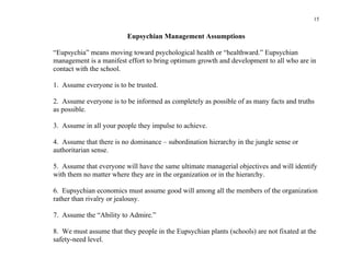 15


                         Eupsychian Management Assumptions

“Eupsychia” means moving toward psychological health or “healthward.” Eupsychian
management is a manifest effort to bring optimum growth and development to all who are in
contact with the school.

1. Assume everyone is to be trusted.

2. Assume everyone is to be informed as completely as possible of as many facts and truths
as possible.

3. Assume in all your people they impulse to achieve.

4. Assume that there is no dominance – subordination hierarchy in the jungle sense or
authoritarian sense.

5. Assume that everyone will have the same ultimate managerial objectives and will identify
with them no matter where they are in the organization or in the hierarchy.

6. Eupsychian economics must assume good will among all the members of the organization
rather than rivalry or jealousy.

7. Assume the “Ability to Admire.”

8. We must assume that they people in the Eupsychian plants (schools) are not fixated at the
safety-need level.
 
