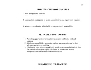 25


                   DISSATISFACTION FOR TEACHERS

1) Poor interpersonal relations


2) Incompetent, inadequate, or unfair administrative and supervisory practices


3) Matters external to the school which comprise one’s personal life



                      MOTIVATION FOR TEACHERS

  1) Providing opportunities for teachers to advance within the ranks of
     teaching
  2) Altering responsibilities among the various teaching roles and keying
     advancement to responsibility
  3) Eliminating aspects of the work itself which are sources of dissatisfaction
     for teachers, thereby salvaging this factor as a motivator. Use of
     paraprofessionals would be helpful in this effort.




                     DISSATISFIERS FOR TEACHERS
 