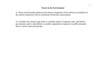4
                                Forces in the Environment

a) These are the broader political and cultural components of the school as exemplifies in
the schools interaction with its community historically and presently.


b) Considers the schools legal entity in a broader matrix of regional, state, and federal
government, and its vulnerability as a public organization responsive to public demands
from a variety of pressure groups.
 