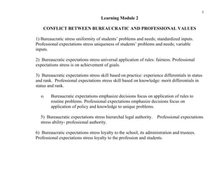 5
                                     Learning Module 2

    CONFLICT BETWEEN BUREAUCRATIC AND PROFESSIONAL VALUES

1) Bureaucratic stress uniformity of students’ problems and needs; standardized inputs.
Professional expectations stress uniqueness of students’ problems and needs; variable
inputs.

2) Bureaucratic expectations stress universal application of rules: fairness. Professional
expectations stress is on achievement of goals.

3) Bureaucratic expectations stress skill based on practice: experience differentials in status
and rank. Professional expectations stress skill based on knowledge: merit differentials in
status and rank.

  4)    Bureaucratic expectations emphasize decisions focus on application of rules to
        routine problems. Professional expectations emphasize decisions focus on
        application of policy and knowledge to unique problems.

  5) Bureaucratic expectations stress hierarchal legal authority.    Professional expectations
  stress ability- professional authority.

6) Bureaucratic expectations stress loyalty to the school, its administration and trustees.
Professional expectations stress loyalty to the profession and students.
 