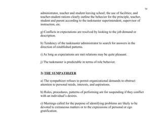 54
administrator, teacher and student leaving school; the use of facilities; and
teacher-student rations clearly outline the behavior for the principle, teacher,
student and parent according to the taskmaster superintendent, supervisor of
instruction, etc.

g) Conflicts in expectations are resolved by looking to the job demand or
description.

h) Tendency of the taskmaster administrator to search for answers in the
direction of established patterns.

i) As long as expectations are met relations may be quite pleasant.

j) The taskmaster is predictable in terms of role behavior.


2) THE SYMPATHIZER

a) The sympathizer refuses to permit organizational demands to obstruct
attention to personal needs, interests, and aspirations.

b) Rules, procedures, patterns of performing are for suspending if they conflict
with an individual’s desires.

c) Meetings called for the purpose of identifying problems are likely to be
devoted to extraneous matters or to the expressions of personal or ego
gratification.
 