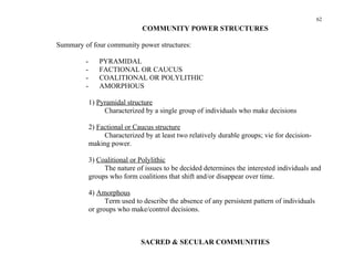 62
                                COMMUNITY POWER STRUCTURES

Summary of four community power structures:

         -      PYRAMIDAL
         -      FACTIONAL OR CAUCUS
         -      COALITIONAL OR POLYLITHIC
         -      AMORPHOUS

             1) Pyramidal structure
                  Characterized by a single group of individuals who make decisions

             2) Factional or Caucus structure
                  Characterized by at least two relatively durable groups; vie for decision-
             making power.

             3) Coalitional or Polylithic
                  The nature of issues to be decided determines the interested individuals and
             groups who form coalitions that shift and/or disappear over time.

             4) Amorphous
                   Term used to describe the absence of any persistent pattern of individuals
             or groups who make/control decisions.



                               SACRED & SECULAR COMMUNITIES
 