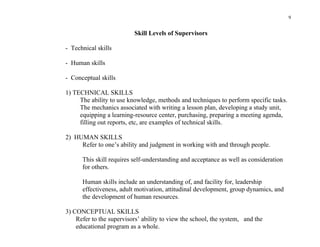 9


                          Skill Levels of Supervisors

- Technical skills

- Human skills

- Conceptual skills

1) TECHNICAL SKILLS
     The ability to use knowledge, methods and techniques to perform specific tasks.
     The mechanics associated with writing a lesson plan, developing a study unit,
     equipping a learning-resource center, purchasing, preparing a meeting agenda,
     filling out reports, etc, are examples of technical skills.

2) HUMAN SKILLS
     Refer to one’s ability and judgment in working with and through people.

      This skill requires self-understanding and acceptance as well as consideration
      for others.

      Human skills include an understanding of, and facility for, leadership
      effectiveness, adult motivation, attitudinal development, group dynamics, and
      the development of human resources.

3) CONCEPTUAL SKILLS
    Refer to the supervisors’ ability to view the school, the system, and the
    educational program as a whole.
 