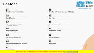 Content
3
07
Who we are
02
Our Offerings
09
Our Team
01
Problems and our Solutions
08
Benefits of Outsourcing your HR to Us
04
Ongoing Services
• Ongoing services pricing
11
Agreement Terms
03
As-Needed Basis Services
• As-needed basis pricing
10
Client Testimonials
06
Personnel Outsourcing Services
13
Next Steps
05
Personnel Outsourcing
12
Client Approval
 