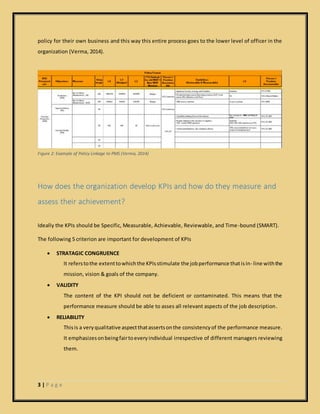 3 | P a g e
policy for their own business and this way this entire process goes to the lower level of officer in the
organization (Verma, 2014).
Figure 2: Example of Policy Linkage to PMS (Verma, 2014)
How does the organization develop KPIs and how do they measure and
assess their achievement?
Ideally the KPIs should be Specific, Measurable, Achievable, Reviewable, and Time-bound (SMART).
The following 5 criterion are important for development of KPIs
 STRATAGIC CONGRUENCE
It referstothe extenttowhichthe KPIsstimulate the jobperformance thatisin- line withthe
mission, vision & goals of the company.
 VALIDITY
The content of the KPI should not be deficient or contaminated. This means that the
performance measure should be able to asses all relevant aspects of the job description.
 RELIABILITY
Thisis a veryqualitative aspectthatassertsonthe consistencyof the performance measure.
It emphasizesonbeingfairtoeveryindividual irrespective of different managers reviewing
them.
 