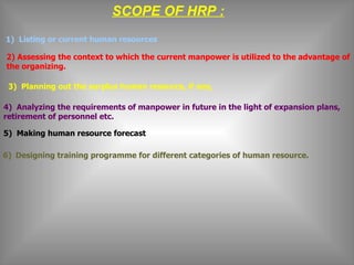 SCOPE OF HRP : 1)  Listing or current human resources   2) Assessing the context to which the current manpower is utilized to the advantage of the organizing.   3)  Planning out the surplus human resource, if any, 4)  Analyzing the requirements of manpower in future in the light of expansion plans, retirement of personnel etc.   5)  Making human resource forecast   6)     Designing training programme for different categories of human resource. 