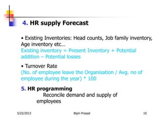 5/22/2013 Bipin Prasad 10
4. HR supply Forecast
• Existing Inventories: Head counts, Job family inventory,
Age inventory etc…
Existing inventory = Present Inventory + Potential
addition – Potential losses
• Turnover Rate
(No. of employee leave the Organisation / Avg. no of
employee during the year) * 100
5. HR programming
Reconcile demand and supply of
employees
 