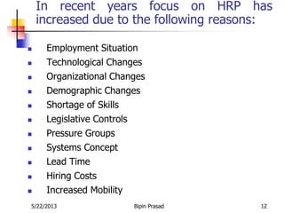 5/22/2013 Bipin Prasad 12
In recent years focus on HRP has
increased due to the following reasons:
 Employment Situation
 Technological Changes
 Organizational Changes
 Demographic Changes
 Shortage of Skills
 Legislative Controls
 Pressure Groups
 Systems Concept
 Lead Time
 Hiring Costs
 Increased Mobility
 