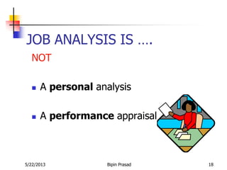 5/22/2013 Bipin Prasad 18
JOB ANALYSIS IS ….
NOT
 A personal analysis
 A performance appraisal
 