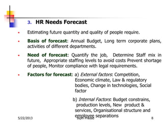5/22/2013 Bipin Prasad 8
• Estimating future quantity and quality of people require.
• Basis of forecast: Annual Budget, Long term corporate plans,
activities of different departments.
• Need of forecast: Quantify the job, Determine Staff mix in
future, Appropriate staffing levels to avoid costs Prevent shortage
of people, Monitor compliance with legal requirements.
• Factors for forecast: a) External factors: Competition,
Economic climate, Law & regulatory
bodies, Change in technologies, Social
factor
b) Internal Factors: Budget constrains,
production levels, New product &
services, Organisational structure and
employee separations
3. HR Needs Forecast
 