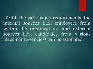To fill the various job requirements, the
internal sources (i.e., employees from
within the organization) and external
sources (i.e., candidates from various
placement agencies) can be estimated.
 