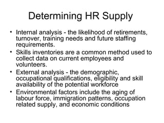 Determining HR Supply
• Internal analysis - the likelihood of retirements,
turnover, training needs and future staffing
requirements.
• Skills inventories are a common method used to
collect data on current employees and
volunteers.
• External analysis - the demographic,
occupational qualifications, eligibility and skill
availability of the potential workforce
• Environmental factors include the aging of
labour force, immigration patterns, occupation
related supply, and economic conditions
 