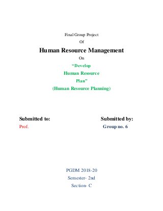 Final Group Project
Of
Human Resource Management
On
“Develop
Human Resource
Plan”
(Human Resource Planning)
Submitted to: Submitted by:
Prof. Group no. 6
PGDM 2018-20
Semester- 2nd
Section- C
 