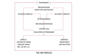 ENVIRONMENT
ORGANISATIONAL
OBJECTIVES AND POLICIES
HR NEEDS FORECAST HR SUPPLY FORECAST
HR PROGRAMMING
HRP IMPLEMENTATATION
CONTROL AND
EVALUATION OF PROGRAMME
SURPLUS SHORTAGE
RESTRICTED HIRING RECRUITMENT
REDUCED HOURS AND SELECTION
VRS, LAY OFF, etc
THE HRP PROCESS
 