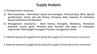 Supply Analysis
1. Existing human resources -
a) Skill inventories - Information about non-managers. Personal data, Skills, Special
qualifications, Salary and job history, Company data, Capacity of individual,
Special preference of individual
b) Management inventories - Work history, Strengths, Weakness, Promotion
potential, Career goals, Personal data, Number and types of employees
supervised, Total budget managed, Previous management duties
2. Internal sources of supply (Forecasting the supply of internal human resources)
3. External sources of supply (Forecasting the supply of external human resources)
 