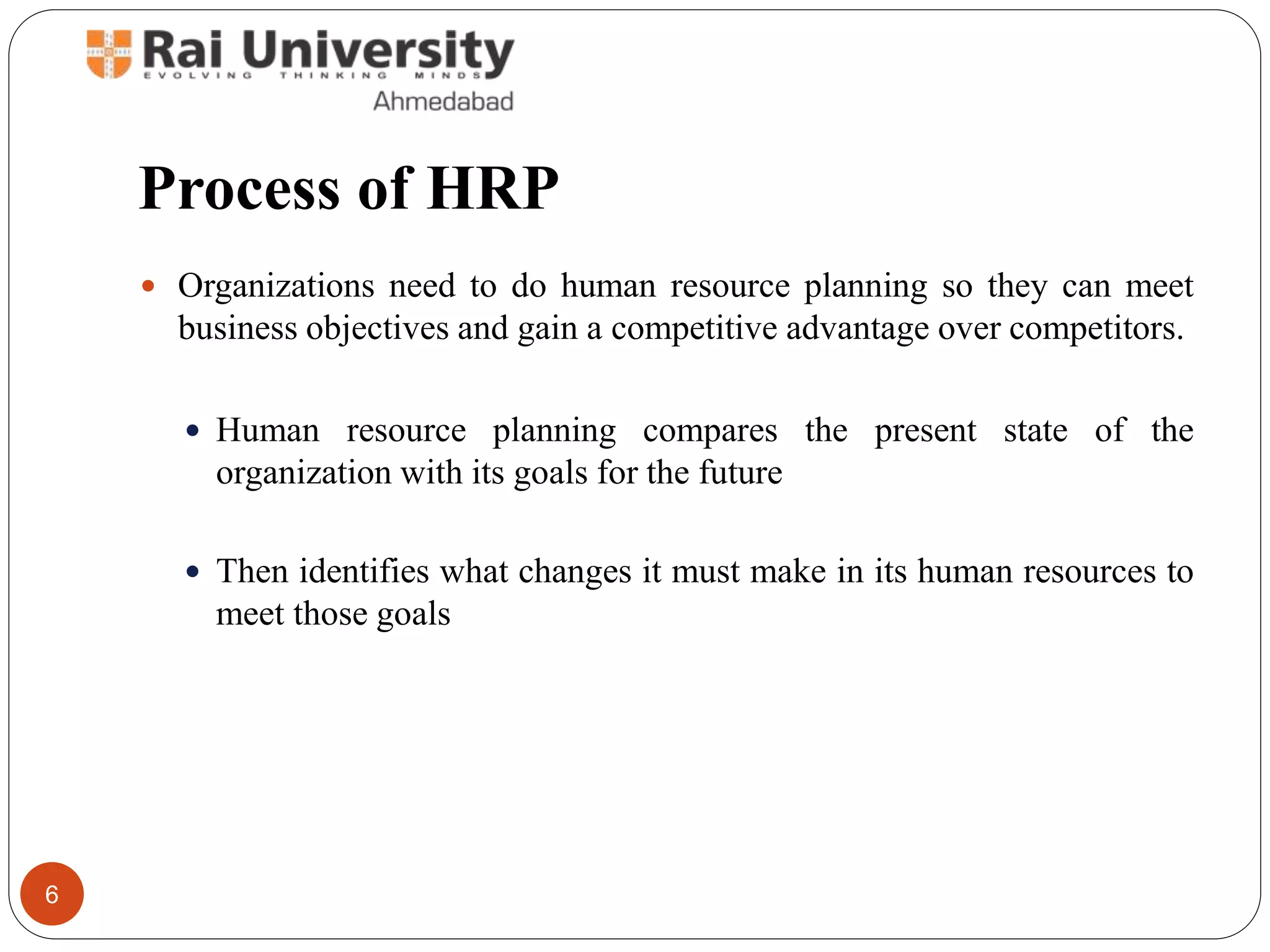 Process of HRP
Organizations need to do human resource planning so they can meet
business objectives and gain a competitive advantage over competitors.
Human resource planning compares the present state of the
organization with its goals for the future
Then identifies what changes it must make in its human resources to
meet those goals
6