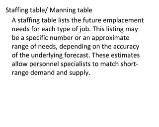 Staffing table/ Manning table
A staffing table lists the future emplacement
needs for each type of job. This listing may
be a specific number or an approximate
range of needs, depending on the accuracy
of the underlying forecast. These estimates
allow personnel specialists to match short-
range demand and supply.
 