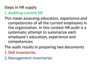 Steps in HR supply
1.Auditing current HR
This mean assessing education, experience and
competencies of all the current employees in
the organization. In this context HR audit is a
systematic attempt to summarize each
employee’s education, experience and
competencies.
The audit results in preparing two documents
1.Skill inventories
2.Management inventories
 