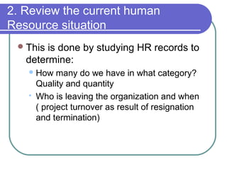 This is done by studying HR records to
determine:
How many do we have in what category?
Quality and quantity
 Who is leaving the organization and when
( project turnover as result of resignation
and termination)
2. Review the current human
Resource situation
 