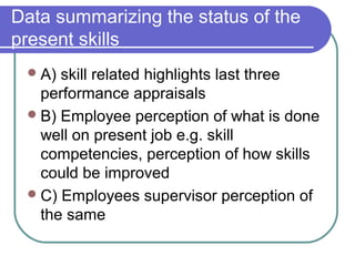 Data summarizing the status of the
present skills
A) skill related highlights last three
performance appraisals
B) Employee perception of what is done
well on present job e.g. skill
competencies, perception of how skills
could be improved
C) Employees supervisor perception of
the same
 