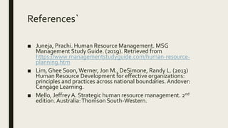 References`
■ Juneja, Prachi. Human Resource Management. MSG
Management Study Guide. (2019). Retrieved from
https://www.managementstudyguide.com/human-resource-
planning.htm
■ Lim, Ghee Soon,Werner, Jon M., DeSimone, Randy L. (2013)
Human Resource Development for effective organizations:
principles and practices across national boundaries. Andover:
Cengage Learning.
■ Mello, JeffreyA. Strategic human resource management. 2nd
edition. Australia:Thomson South-Western.
 
