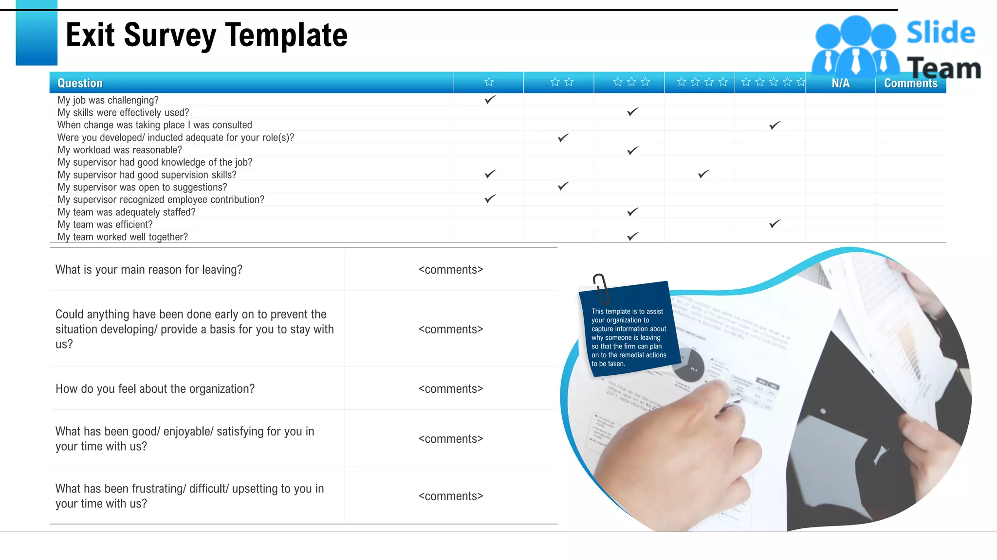 Exit Survey Template
Question N/A Comments
My job was challenging?
My skills were effectively used?
When change was taking place I was consulted
Were you developed/ inducted adequate for your role(s)?
My workload was reasonable?
My supervisor had good knowledge of the job?
My supervisor had good supervision skills?
My supervisor was open to suggestions?
My supervisor recognized employee contribution?
My team was adequately staffed?
My team was efficient?
My team worked well together?
What is your main reason for leaving? <comments>
Could anything have been done early on to prevent the
situation developing/ provide a basis for you to stay with
us?
<comments>
How do you feel about the organization? <comments>
What has been good/ enjoyable/ satisfying for you in
your time with us?
<comments>
What has been frustrating/ difficult/ upsetting to you in
your time with us?
<comments>
This template is to assist
your organization to
capture information about
why someone is leaving
so that the firm can plan
on to the remedial actions
to be taken.
16
 
