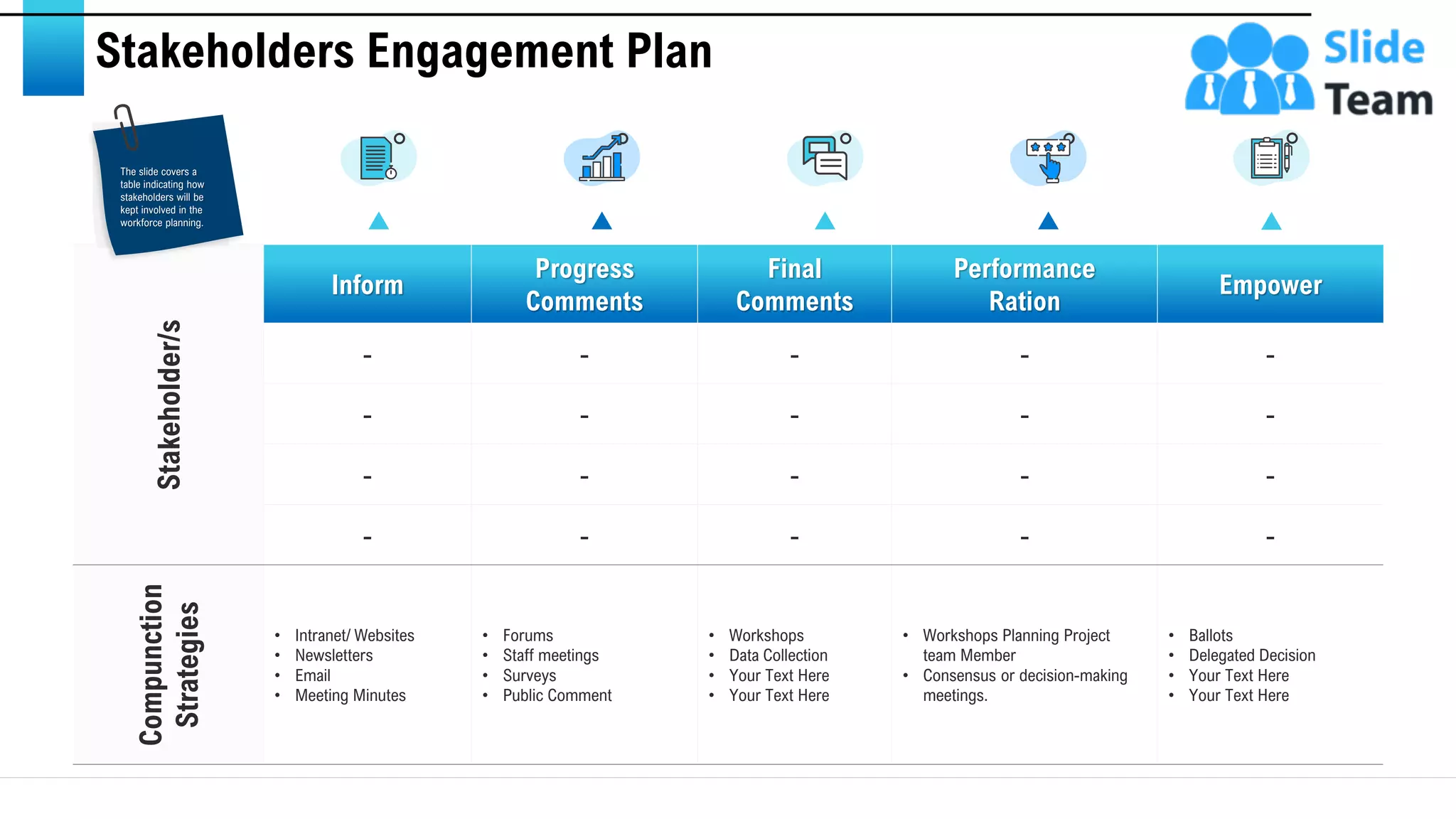 Stakeholders Engagement Plan
Stakeholder/s
Inform
Progress
Comments
Final
Comments
Performance
Ration
Empower
- - - - -
- - - - -
- - - - -
- - - - -
Compunction
Strategies
• Intranet/ Websites
• Newsletters
• Email
• Meeting Minutes
• Forums
• Staff meetings
• Surveys
• Public Comment
• Workshops
• Data Collection
• Your Text Here
• Your Text Here
• Workshops Planning Project
team Member
• Consensus or decision-making
meetings.
• Ballots
• Delegated Decision
• Your Text Here
• Your Text Here
This slide is 100% editable. Adapt it to your needs and capture your audience's attention.
The slide covers a
table indicating how
stakeholders will be
kept involved in the
workforce planning.
7
 