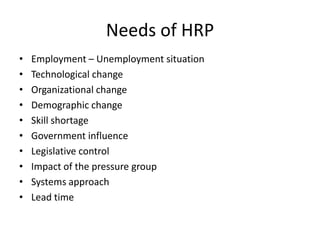 Needs of HRP
• Employment – Unemployment situation
• Technological change
• Organizational change
• Demographic change
• Skill shortage
• Government influence
• Legislative control
• Impact of the pressure group
• Systems approach
• Lead time
 