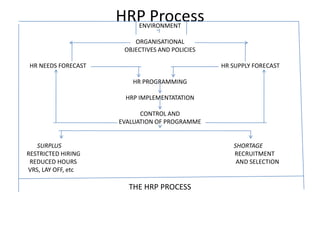 HRP ProcessENVIRONMENT
ORGANISATIONAL
OBJECTIVES AND POLICIES
HR NEEDS FORECAST HR SUPPLY FORECAST
HR PROGRAMMING
HRP IMPLEMENTATATION
CONTROL AND
EVALUATION OF PROGRAMME
SURPLUS SHORTAGE
RESTRICTED HIRING RECRUITMENT
REDUCED HOURS AND SELECTION
VRS, LAY OFF, etc
THE HRP PROCESS
 