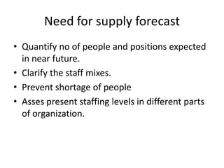 Need for supply forecast
• Quantify no of people and positions expected
in near future.
• Clarify the staff mixes.
• Prevent shortage of people
• Asses present staffing levels in different parts
of organization.
 