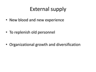 External supply
• New blood and new experience
• To replenish old personnel
• Organizational growth and diversification
 