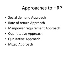 Approaches to HRP
• Social demand Approach
• Rate of return Approach
• Manpower requirement Approach
• Quantitative Approach
• Qualitative Approach
• Mixed Approach
 