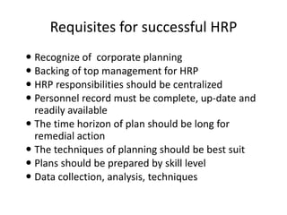 Requisites for successful HRP
 Recognize of corporate planning
 Backing of top management for HRP
 HRP responsibilities should be centralized
 Personnel record must be complete, up-date and
readily available
 The time horizon of plan should be long for
remedial action
 The techniques of planning should be best suit
 Plans should be prepared by skill level
 Data collection, analysis, techniques
 