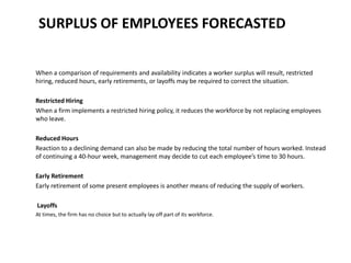SURPLUS OF EMPLOYEES FORECASTED
When a comparison of requirements and availability indicates a worker surplus will result, restricted
hiring, reduced hours, early retirements, or layoffs may be required to correct the situation.
Restricted Hiring
When a firm implements a restricted hiring policy, it reduces the workforce by not replacing employees
who leave.
Reduced Hours
Reaction to a declining demand can also be made by reducing the total number of hours worked. Instead
of continuing a 40-hour week, management may decide to cut each employee’s time to 30 hours.
Early Retirement
Early retirement of some present employees is another means of reducing the supply of workers.
Layoffs
At times, the firm has no choice but to actually lay off part of its workforce.
 