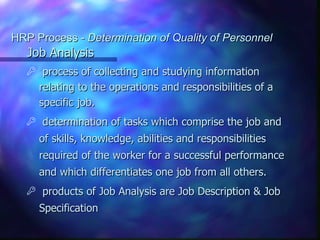 HRP Process -  Determination of Quality of Personnel Job Analysis process of collecting and studying information relating to the operations and responsibilities of a specific job.  determination of tasks which comprise the job and of skills, knowledge, abilities and responsibilities required of the worker for a successful performance and which differentiates one job from all others. products of Job Analysis are Job Description & Job Specification  