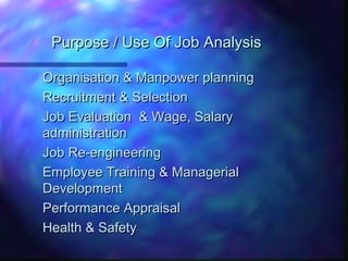 Purpose / Use Of Job AnalysisPurpose / Use Of Job Analysis
Organisation & Manpower planningOrganisation & Manpower planning
Recruitment & SelectionRecruitment & Selection
Job Evaluation & Wage, SalaryJob Evaluation & Wage, Salary
administrationadministration
Job Re-engineeringJob Re-engineering
Employee Training & ManagerialEmployee Training & Managerial
DevelopmentDevelopment
Performance AppraisalPerformance Appraisal
Health & SafetyHealth & Safety
 