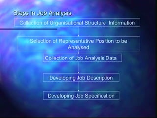 Steps in Job AnalysisSteps in Job Analysis
Collection of Organisational Structure Information
Selection of Representative Position to be
Analysed
Collection of Job Analysis Data
Developing Job Description
Developing Job Specification
 
