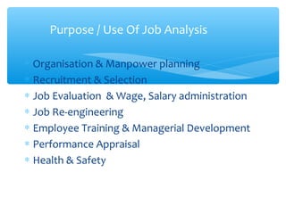 ∗ Organisation & Manpower planning
∗ Recruitment & Selection
∗ Job Evaluation & Wage, Salary administration
∗ Job Re-engineering
∗ Employee Training & Managerial Development
∗ Performance Appraisal
∗ Health & Safety
Purpose / Use Of Job Analysis
 