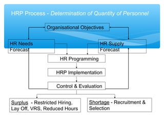 HRP Process - Determination of Quantity of Personnel
Organisational Objectives
HR Programming
HR Needs
Forecast
HR Supply
Forecast
HRP Implementation
Control & Evaluation
Surplus - Restricted Hiring,
Lay Off, VRS, Reduced Hours
Shortage - Recruitment &
Selection
 