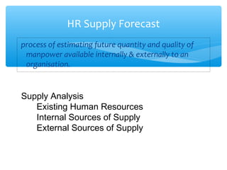 process of estimating future quantity and quality of
manpower available internally & externally to an
organisation.
HR Supply Forecast
Supply Analysis
Existing Human Resources
Internal Sources of Supply
External Sources of Supply
 