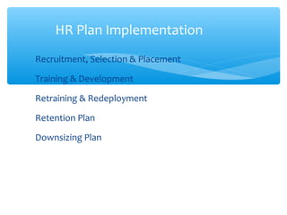 Recruitment, Selection & Placement
Training & Development
Retraining & Redeployment
Retention Plan
Downsizing Plan
HR Plan Implementation
 