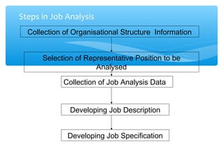 Steps in Job Analysis
Collection of Organisational Structure Information
Selection of Representative Position to be
Analysed
Collection of Job Analysis Data
Developing Job Description
Developing Job Specification
 