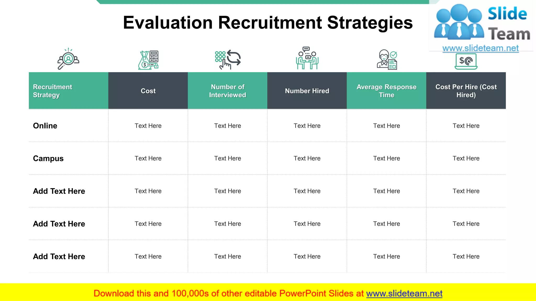 Evaluation Recruitment Strategies
Recruitment
Strategy
Cost
Number of
Interviewed
Number Hired
Average Response
Time
Cost Per Hire (Cost
Hired)
Online Text Here Text Here Text Here Text Here Text Here
Campus Text Here Text Here Text Here Text Here Text Here
Add Text Here Text Here Text Here Text Here Text Here Text Here
Add Text Here Text Here Text Here Text Here Text Here Text Here
Add Text Here Text Here Text Here Text Here Text Here Text Here
12
 