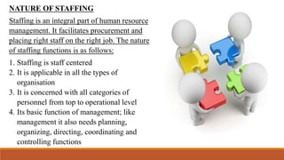 NATURE OF STAFFING
Staffing is an integral part of human resource
management. It facilitates procurement and
placing right staff on the right job. The nature
of staffing functions is as follows:
1. Staffing is staff centered
2. It is applicable in all the types of
organisation
3. It is concerned with all categories of
personnel from top to operational level
4. Its basic function of management; like
management it also needs planning,
organizing, directing, coordinating and
controlling functions
 