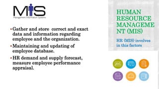 HUMAN
RESOURCE
MANAGEME
NT (MIS)Gather and store correct and exact
data and information regarding
employee and the organization.
Maintaining and updating of
employee database.
HR demand and supply forecast,
measure employee performance
appraisal.
HR (MIS) involves
in this factors
 